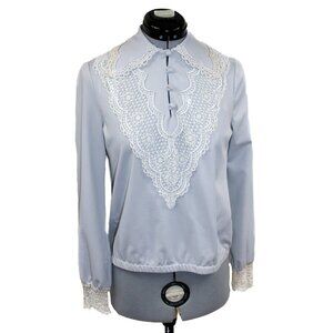 VTG BUTTE KNIT Womens Medium Blue Gray Blouse Lace Collar 70s Cottage Coquette
